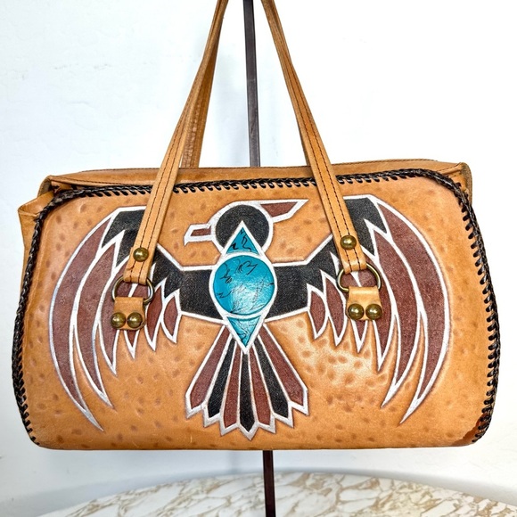 VINTAGE EMBOSSED LEATHER THUNDERBIRD DESIGN-WOVEN LEATHER HANDBAG-Metallic, t - Picture 4 of 16